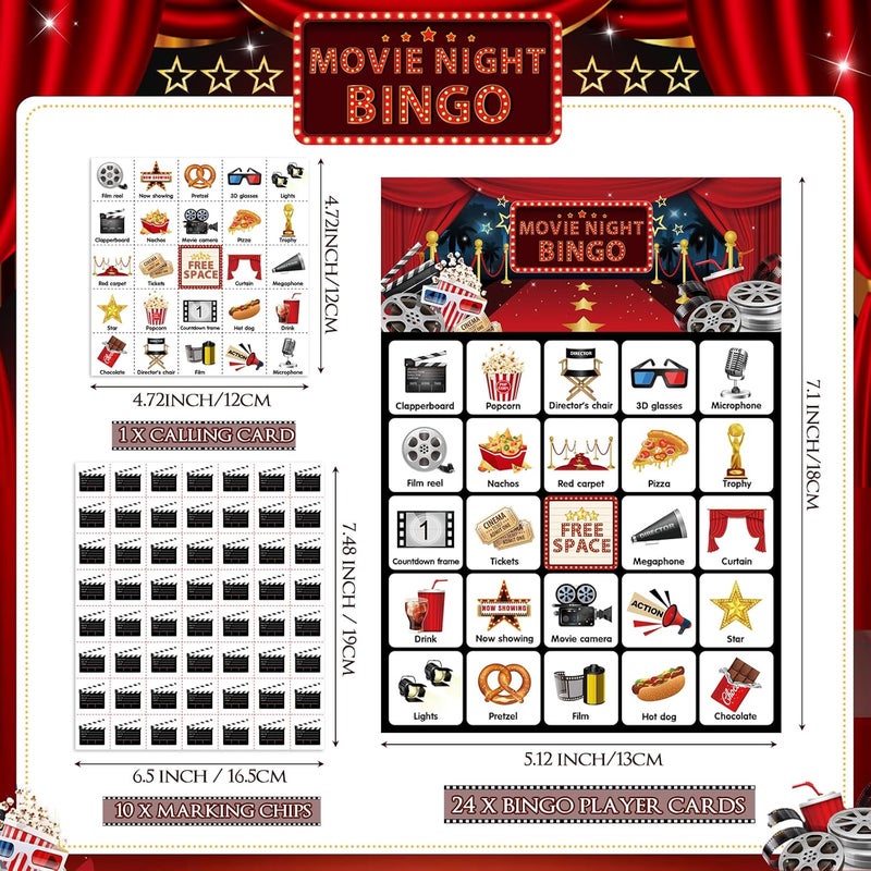 Shappy 35 Pcs Movie Night Bingo 24 Players Movie Party Bingo Cards Film Party Games for Adults Family Activities Theater Birthday Gifts Favors Supplies - Image 2